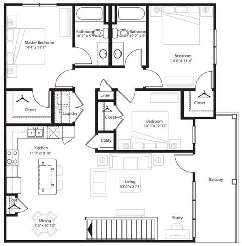 Floor plan for 3 beds, 2 baths, 1435 sqft